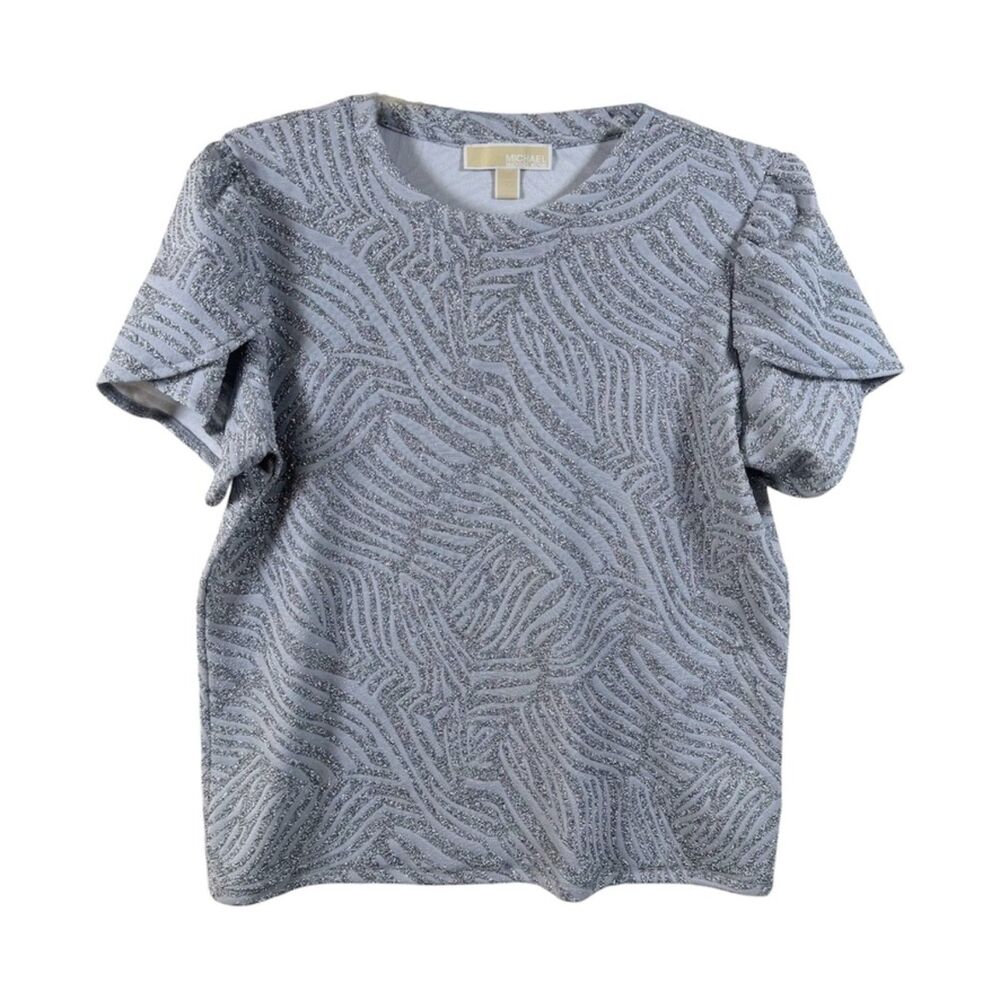 MICHAEL Michael Kors Silver Metallic Jacquard Knit Top Womens M Short Sleeve